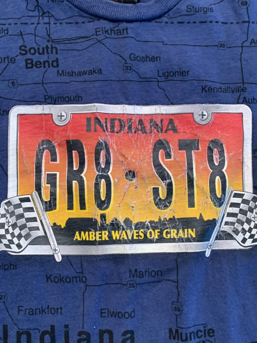 Vintage 90s State Of Mine Indiana Gr8 St8 AOP Map Amber Waves Grain T-Shirt XL - Picture 2 of 11
